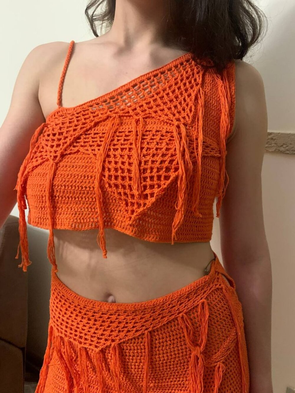 Handmade Crochet Two Piece Festival Set Orange Fringe Outfit